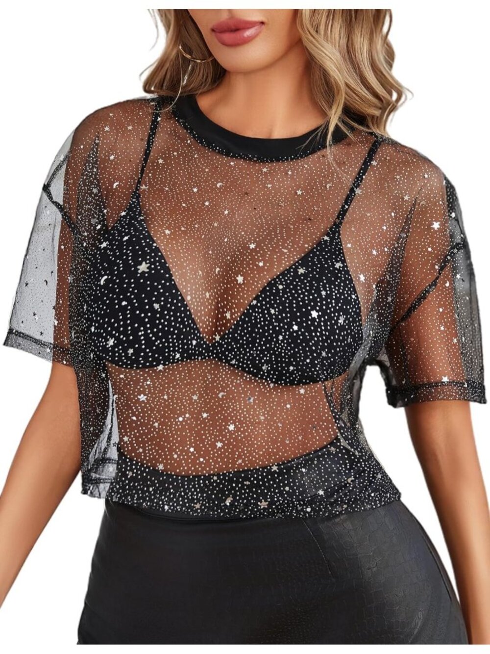Women Glitter Black Polyester Mesh Top Sheer Blouse Clubwear Short Sleeve Shirt